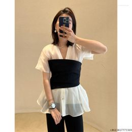 Women's Blouses Slim Silkworm Silk White Shirt With Silky V-neck Perspective Waist Short Sleeve Top For Women