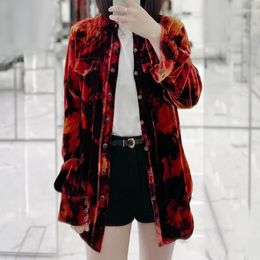 Women's Tracksuits 2023 Runway Shirt Shorts Set Women Silk Velvet Long Sleeve Single Breasted Tie-dye Shirts Fashion Tops High Waist Black