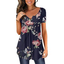 Women's TShirt Womens Summer Floral V Neck Short Sleeve Round Tunic Tops T Shirt Ladies Buttons Basic Casual Regular Blouse For Women 2023 230510
