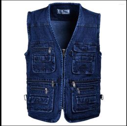 Men's Vests Xl-5xl 2023 Men Multi-pocket Denim Vest Code Loose Middle-aged Waistcoat Sleeveless Jacket Clothing