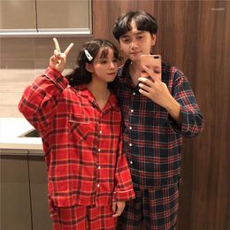 Women's Sleepwear Vintage Plaid Autumn Pyjamas Set Couple Lovers Korean Two Piece Home Suit Cotton Single Breasted Shirts Trousers