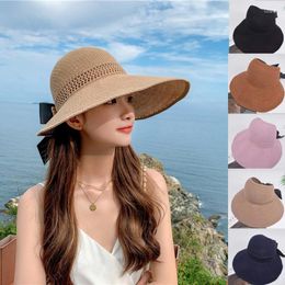 Wide Brim Hats Summer Women Empty Sun Hat Breathable Hollow Foldable Big Sun-proof Visor Cap Straw Outdoor Travel UV Beach