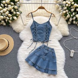 Two Piece Dress Amolapha Women Sweet Style Jeans Clothes Suits Spaghetti Strap Sleeveless Short TopsHigh Waist Denim ALine Skirts Outfits Set 230509