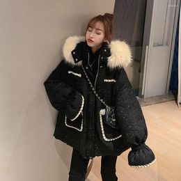 Women's Trench Coats Tweed Cotton-pad Jackets Women Winter 2023 Korean Loose Vintage Thicken Short Parka Coat With Fur Collar Hooded Chic
