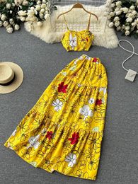 Two Piece Dress SINGREINY Summer Vacation Print Suits Short Strapless CamisMidi Long A Line Folds Skirt Streetwear Women Pieces Sets 230509