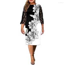 Plus Size Dresses Women Work Dress Sheath Floral Midi 3/4 Sleeve Lace Patchwork Crew Neck Elegant Office Bodycon Curvy