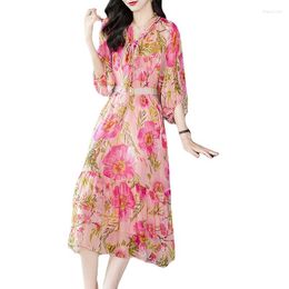 Casual Dresses Natural Silk Dress Spring Summer Women Clothing Scarf Collar Printing Cropped Sleeves 46725