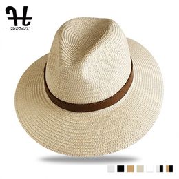 Wide Brim Hats Bucket FURTALK Summer Straw for Men Women Sun Beach Jazz Panama Fedora Protection Cap with Leather Belt 230509