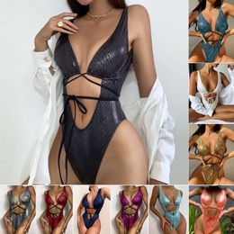 Women's Swimwear Women's Sexy Snakeskin One Piece Swimsuit Metallic Rave Outfit Bathing Suits