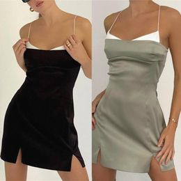 Casual Dresses Fashion Design Collision Colour Halter Satin Dress Sexy V Neck Bustier Backless Slit Women's A Line