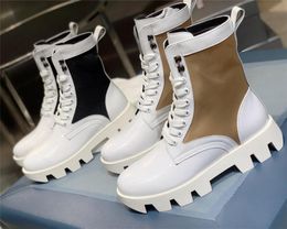 Luxury Designer Rocksand Leather And Nylon Combat Boots Cross Tied Rivet Triangle Pattern Ankle Short Booties Flat Platform Brand Lace Up La