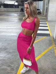 Two Piece Dress Simenual Casual Basic Women Two Pieces Set Ribbed Solid Sexy Party Outfits Crop Top And Skirt Sets Summer Fashion Clubwear T230510