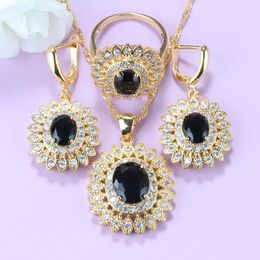 Necklace Earrings Set Unique Black Zircon Big Gold-Color Sunflower Costume Fashion Punk Style And Ring For Women