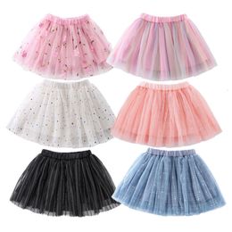 Skirts Embroidery Kids Girls Mesh Skirts Princess Pretty Stars Sequined Pleated Tutu Floral Girl Lace Faldas Dance Clothes 230510