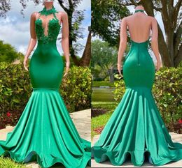 Dubai Arabic Sexy Green Mermaid Prom Dresses for Women Plus Size Halter Jewel Neck Lace Applique Backless Formal Wear Birthday Pageant Reception Party Gowns