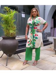 Ethnic Clothing Fashion Casual Set African Long Top Womens Printed Pullover Chiffon Shirt Pencil Pants 88 # 230510
