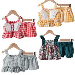 Clothing Sets 2023 Cute Summer Set for Baby Girl Plaid Ruffle Sleeveless Linen Cotton Top+Shorts Clothes Girls 1-6Y Pink Yellow Y23
