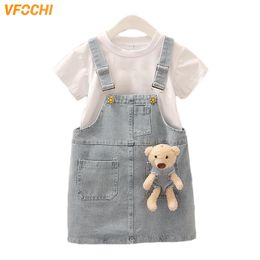 Skirts VFOCHI Girl Denim Suspender Skirt with Teddy bear Summer Children Clothes Kids Pink Skirt for Girls Jeans Overalls 2-10Y 230510