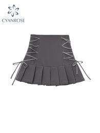 Dresses High Waist Pleated Skirts For Women Bandage Short Grey Skirts Gothic Sexy Club Streetwear Casual Harajuku Mini Skirts Female