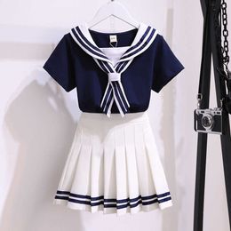 Clothing Sets Girls Pleated Skirt Suits Summer Navy Style Children's 2 Pcs Teen Elementary School Uniforms Student Clothes Y23