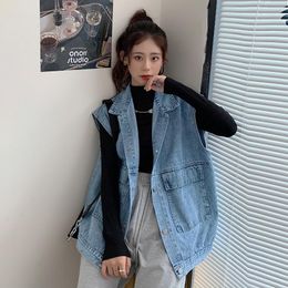 Leather S4XL Oversized Women Denim Vest Spring Autumn Sleeveless Turn Down Collar Loose Jean Jacket Pockets Oversized Female Outerwear