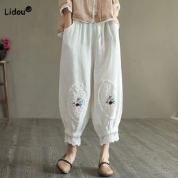 Women's Pants Capris Folk Elegant Solid Color Embroidery Bloomers Pants Summer Women's Clothing Casual Vintage Loose Elastic Waist Cropped Pants 230510
