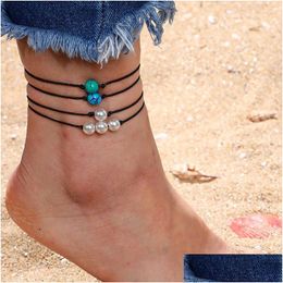 Anklets Minimalist Turquoise Pearl Bead Wax Bracelet For Women Stone Charm Pendant Bracelets Boho Jewellery 4Pcs/Set Drop Deliv Dhgarden Dhm4X