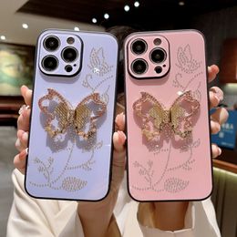 Fashion Cute Metal Butterfly Bracket Phone Case For iPhone 15 14 13 12 11 Pro Max 14Pro Lovely Shockproof Funda Plating Stand Holder Cover