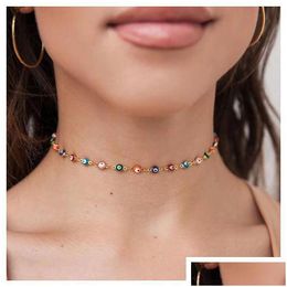 Chokers Classic Fashion Femme Gold Colour Clavicle Chain Short Necklaces Enamel Turkish Evil Eye Pendant Necklace Bijoux For Women Dr Dh9Be