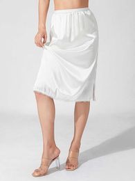 Skirts Women's Solid Colour Skirts Elastic Waist Satin Underskirt Lace Trim Skirt for Under Dresses Black/White P230508