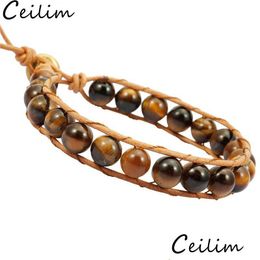 Beaded Mens Tiger Eye Bead Bracelets Adjustable Natural Stone Beads Matte Onyx Braided Bracelet Bangles Yoga Leather Wrap Wr Dhgarden Dho5N