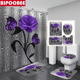 Shower Curtains Purple Rose Flowers Curtain Bathroom Set Butterfly Flower Bath Mats Toilet Lid Cover Antislip Carpet Home Decor 230510