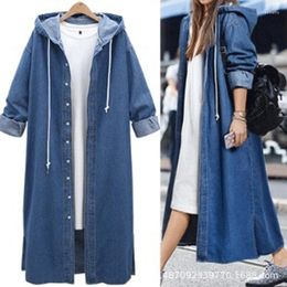 Women's Trench Coats Hooded Denim Women Outwear Long Sleeve 2023 Spring Female Fashion Blue Janes Jackets
