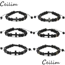 Beaded Fashion Mens Natural Stone Bracelet Cross Charm Bracelets Black Lava Matte Handmade Men Women Prayer Fitness Chain Dr Dhgarden Dhyj9