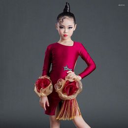 Stage Wear Latin Dance Dress Red Long Sleeves Fringe For Girls Cha Rumba Competition Costume BL6924
