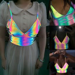 Women's Tanks Camis Ladies Women Sleeveless Laser Colourful Reflective V Neck Slim Club Party Fashion Sexy Crop Tops Camis Z0510