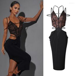 Stage Wear Latin Dance Dress Women Sexy V Neck Bandage Black Lace Adult Prom Tango Performance Clothing Rumba Costume DNV17796