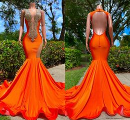 Sexy Orange Mermaid Prom Dresses Long for Women Beaded Crystals Rhinestone Deep V Neck Backless Formal Evening Party Second Reception Birthday Pageant Gowns
