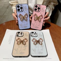 Luxury Cases Cute Metal Butterfly Bracket Phone Case For iPhone 15 14 13 12 11 Pro Max 14Pro Lovely Shockproof Funda Plating Stand Holder Cover