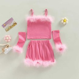 Clothing Sets 1-6Y Kids Girls Autumn Clothes Baby Furry Trim Sleeveless Tops with Oversleeve + Short Skirts 3Pcs Children Fashion Outfit