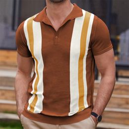 Men's Polos Vintage Striped Patchwork Men's Knit Polo Shirt Spring Summer Casual Short Sleeve Lapel Button Tee Tops Men Clothes Fashion 230510