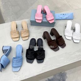 2023 Slippers Brushed Leather Chunky Heeled for Slides Woman Slipper Spring Summer Dress Mules Sandals Designers Mid Heels Slide Classic Wedding Fashion Flat Shoes