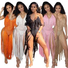 Casual Dresses 2023 Summer Beach Style Deep V Neck Halter Fit And Flare Dress Backless Tassels Handmade Crochet Vestidos Largos Sheer