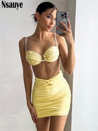 Two Piece Dress Nsauye Sexy Club Fashion Women Skirt Set V Neck Summer Beach Tops And High Waist Party Mini Bodycon Suit 230509