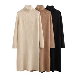 Women's turtleneck knitted casual dresses thickening solid color loose knee length dress XSSML