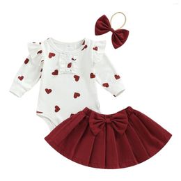 Clothing Sets Infant Baby Girls Jumpsuits Set Valentine's Day Heart Print Long Sleeves Romper And Casual Pleated Skirt Headband Outfit