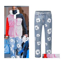 Men'S Jeans Flower Fl Print Oversized Streetwear Straight Casual Men And Women Denim Trousers Drop Delivery Apparel Mens Clothing Dhtix