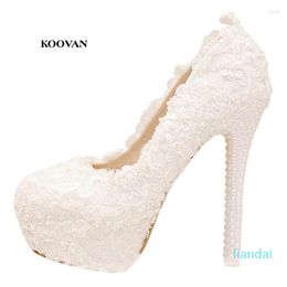 Dress Shoes Koovan Wedding Pumps 2023 Fashion Pearl White Lace Bridal Women High Heel Ladies Genuine Leather