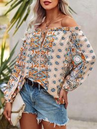 Women's Blouses Off Shoulder Summer Tops Women Bohemian Retro Fashion Printed Casual Shirt Loose Ruffles Lantern Sleeve Blouse