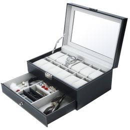 Watch Boxes Cases 12 Slot PU Leather Lockable Storage Men Women Jewellery Display Drawer Case 2Tier Organiser Showcase 230509